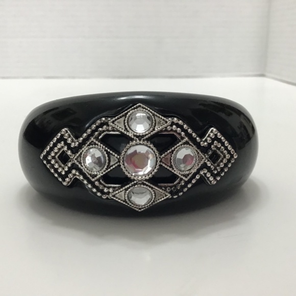 VTG Rhinestone jewelled black resin domed cuff & VTG suede Floral Bracelet - Picture 9 of 14
